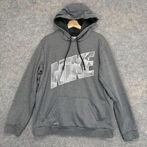 Nike Hoodie Sweatshirt Mens Large Therma Fit Big Logo Gray Spellout Sports‎ Gym